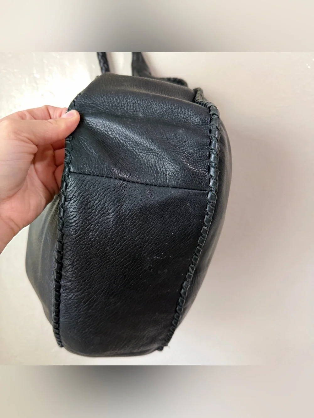 Margot NY Black Pebble Leather Slouchy Hobo Bag Braided Whipstitch Boho Tote